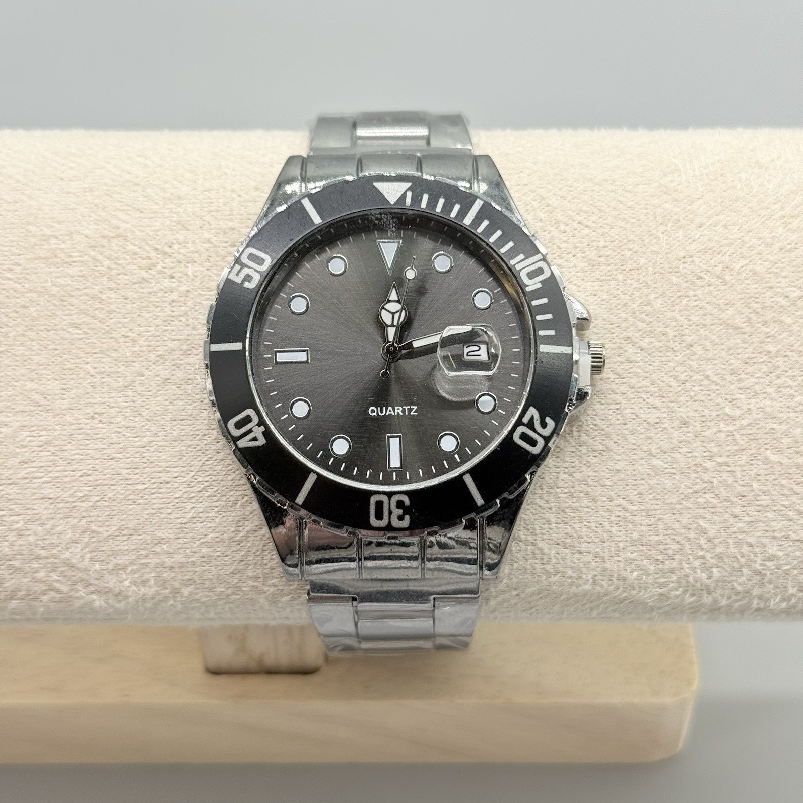 Mens Black Dial Quartz Watch Stainless Steel Submariner Style Sports Wristwatch